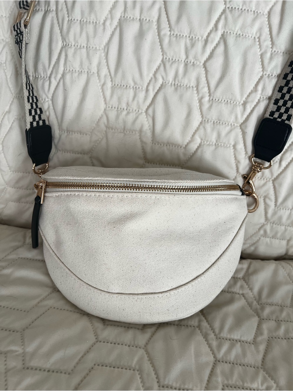 Canvas Crescent Crossbody Bag in Natural with Stylish Checkered Strap